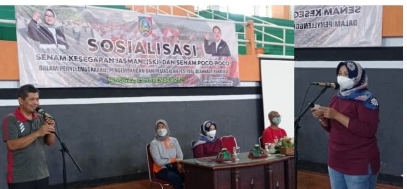 Kepala Disporapar Kabupaten Jombang Drs Bambang Nurwijanto, M.Si (photo kanan) saat membuka acara Sosialisasi Senam Kesegaran Jasmani (SKJ) dan Senam Poco-poco di GOR Merdeka, Selasa (23/11/2021), photo kanan: Ketua KORMI Kabupaten Jombang Ny Wiwin Isnawati Sumrambah saat memberikan sambutan.