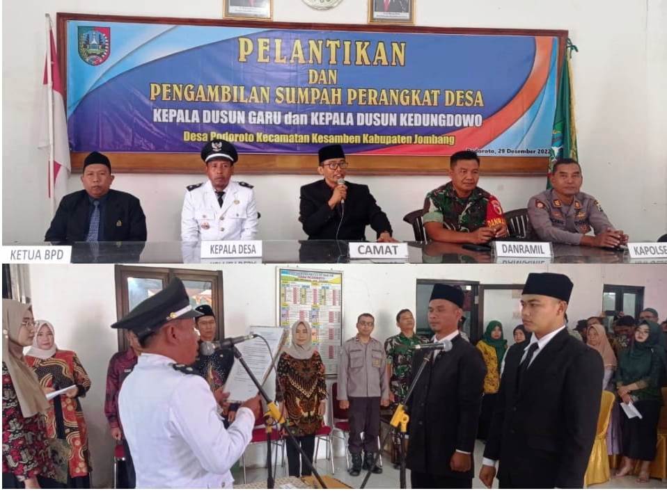 Kepala Desa Podoroto Adhim mengambil sumpah jabatan Kepala Dusun Guru dan Kepala Dusun Kedungboto disaksikan Forpimcam dan warga di Balai Desa Podoroto, Kecamatan Kesamben Jombang, Kamis (29/12/2022). 