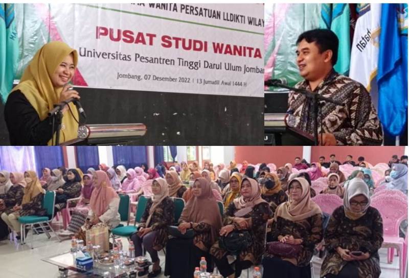 Kiri: Hj Neng Arifa Retnowuni, S.Psi., M.Kes Direktur Pusat Studi Wanita (PSW) Unipdu, kanan: dr Ivan Rovian, MKP saat menyampaikan sambutan pada acara dimaksud, Rabu (07/12/2022) dan foto bawah, para peserta yang terdiri dari tim Dharma Wanita LLDIKTI VII dan Anggota Dharma Wanita Unipdu Jombang.