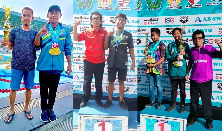 Keterangan photo: Pelatih PRSI Kabupaten Jombang M Rafi pegang Piala bersama Atlet Mudzaki Farid Ertanto (photo kiri), dua photo kanan: Ketua Umum PRSI Kabupaten Jombang Drs Anang Masruchin, M.Si berphose dengan atlet Mudzaki Farid Ertanto, yang lolos maju ke Kejurnas bulan Juni/Juli 2023 setelah Mudzaki masuk limit A Cabor Renang Kejuda tahun 2023 Pengprov Jawa Timur. 