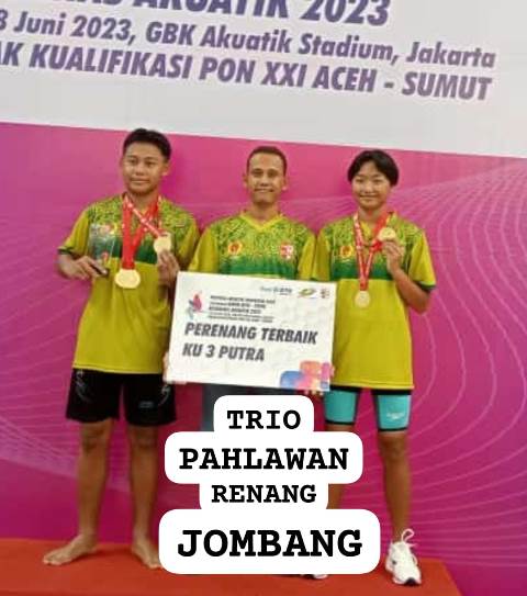 Dari kiri, Mudzaki Farid Ertanto (Atlet terbaik Kejurnas 2023), Rafy Hidayat (Pelatih), Bilqish Wijiingtyas Nurma (atlet penyumbang tiga emas, dua perunggu) bagi Jawa Timur. 