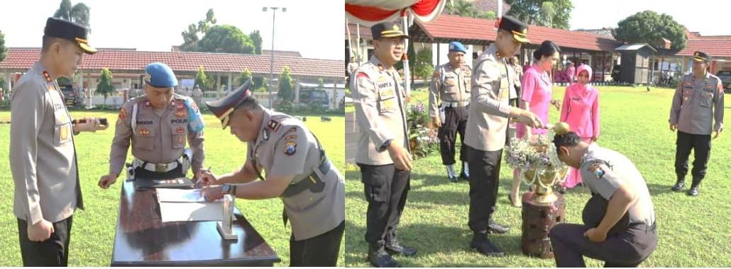 Kapolres Jombang AKBP Eko Bagus Riyadi melakukan prosesi kenaikan pangkat anggota Polres, Senin (10/7/2023). 
