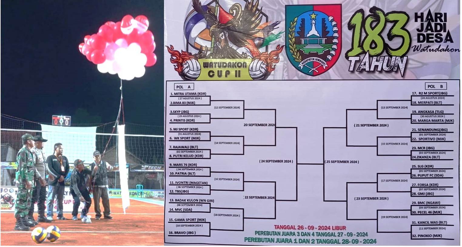 Kades Watudakon Suharto, memotong rangkaian balon bertuliskan "Kades Watudakon Cup II 2024" didampingi Panitia, Babinsa dan Babinkamtipmas, Selasa (27/8/2024). 