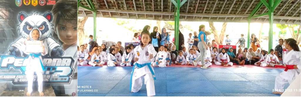 Photo kiri: Atlet Karate Putri Aiko Azyahra menunjukkan piagam dan medali. Photo kanan: Kegiatan yang berlangsung di aula terbuka SDN Kepanjen 2, beralamat di Jl KH Wahid Hasyim 97.itu berlangsung meriah, masing-masing peserta didampingin oleh orang tua bersama keluarga. 