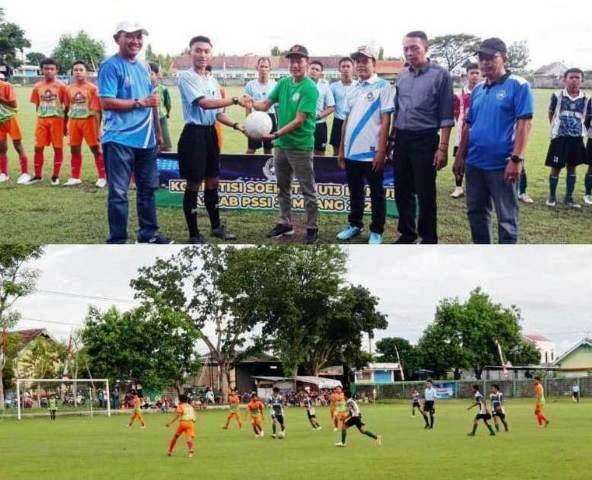 Foto atas: Ketua Umum KONI Kabupaten Jombang, Sumarsono didamping Pengurus Askab PSSI Jombang menyerahkan bola kepada Wasit Andhika Rizky Afandi, sebagai tanda jalannya pertandingan Piala Suratin KU-13 dan KU-15 bisa dilaksanakan sesuai regulasi PSSI. Foto bawah: Tim Harapan Muda (biru-hitam) melakukan serangan ke daerah pertahanan Bintang Muda, pertandingan ini berkesudahan dengan skor 2-0 untuk Harapan Muda, Jum’at (23/5/2025).