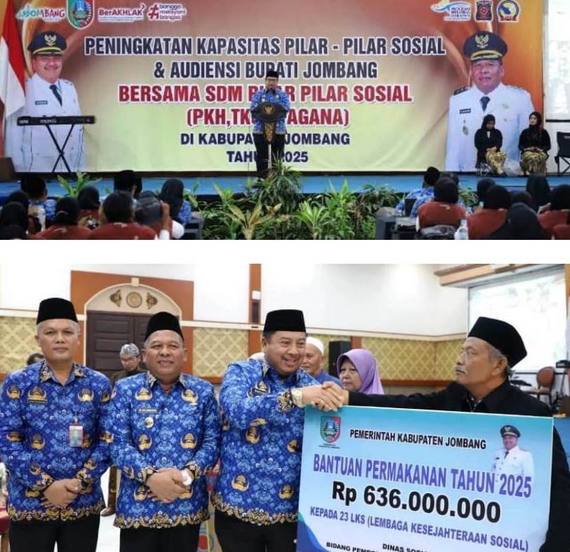 Bupati Jombang H Warsubi didampingi Wakil Bupati Gus Salman dan Kepala Dinas Sosial Kabupaten Jombang menyerahkan bantuan permakanan senilai total Rp 636 juta untuk 23 Lembaga Kesejahteraan Sosial (LKS)/Panti (anak, lansia, disabilitas) guna memenuhi kebutuhan makan klien.