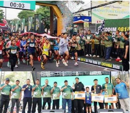 Photo atas: Bupati Jombang H Warsubi melepas ribuan peserta Fun Run Kodim 0814 by Exduma  start di depan Kodim Jombang Jl KH Wahid Hasyim melalui rute dalam Kota Jombang, wilayah Kecamatan Jombang, Minggu (24/8/2025). Photo bawah, Ardhi Wirayuda atlet PASI Jombang peraih medali Porprov Jatim 2025 meraih juara utama kelompok senior. 