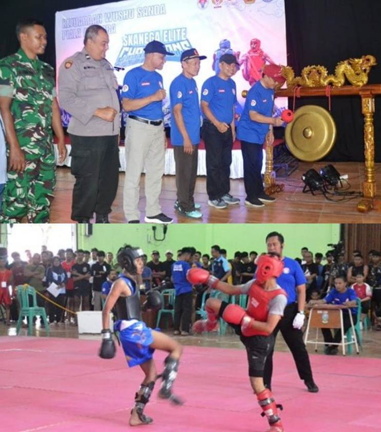 Ketua Umum Cabor Wushu Kabupaten Jombang melakukan pemukulan gong menandai kejuaraan olahraga Wushu Sanda Piala Dispora 2025 dimulai, dilaksanakan di aula SMKN 3 Jombang. Mendampingi pemukulan gong, Kadisporapar, Kabid OR, Ketum KONI Jombang, perwakilan pejabat di Jombang, Sabtu (6/9/2025).