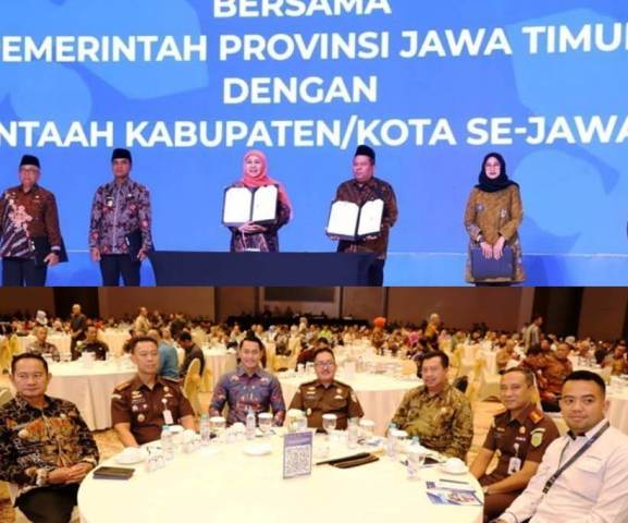 Photo atas: Wakil Bupati Jombang Salmanudin (kedua dari kanan) menunjukkan berita acara penandatanganan Nota Kesepakatan Restorative Justice (RJ). Photo bawah: Bupati Jombang Warsubi bersama  Kepala Kejaksaan Negeri (Kajari) Jombang Nul Albar, S.H., M.H. menyaksikan dan mengikuti kegiatan dimaksud di Dyandra Convention Center Surabaya, pada Kamis (9/10/2025).
