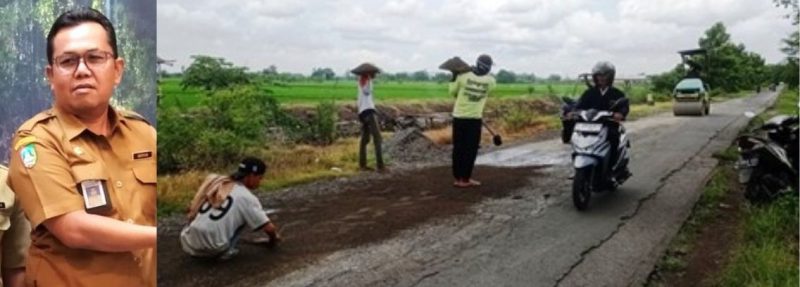 Plt PURP Kabupaten Jombang, Imam Bustomi, S.T., (photo kiri) dan para pekerja sedang melakukan perbaikan jalan di wilayah Kabupaten Jombang.   Photo: istimewa/edit