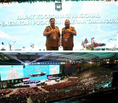 Bupati Jombang H Warsubi (kiri/photo atas) bersama Wakil Bupati Gus Salam serta Forkopimda menghadiri Rapat Koordinasi Nasional (Rakornas) Pemerintah Pusat dan Daerah Tahun 2026 di Sentul International Convention Center (SICC), Senin (2/2/2026).