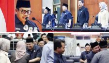 Photo searah jarum jam: Photo kiri atas: Bupati Jombang H Warsubi menyampaikan jawaban atas pertanyaan fraksi. Photo kanan atas: Pimpinan DPRD bersama Bupati – Wakil Bupati. Photo kanan-kiri bawah: Penuh kehangatan Bupati menyampaikan salam kepada anggota DPRD Jombang, Kamis (12/2/2026)..