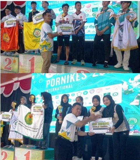 Photo atas: Ketua Panitia PORNIKES Kabupaten Jombang Roni Setiawan dari STIKes Husada Jombang menyerahkan medali dan predikat juara atlet Badminton ganda putra. Photo bawah: HM Tamim, Ketua Cabor Tenis Meja Kabupaten Jombang menyerahkan medali kepada Juara Ganda Putri tim Atlet Cabor Tenis Meja, dalam rangkaian penutupan, Minggu (8/2/2026).