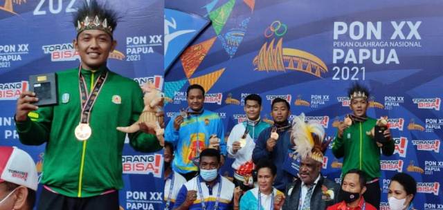 Photo kiri, Eko Febrianto dengan Medali Perunggu, Photo kanan, bersama peraih medali Kelas J Cabor Pencak Silat PON XX Papua. 