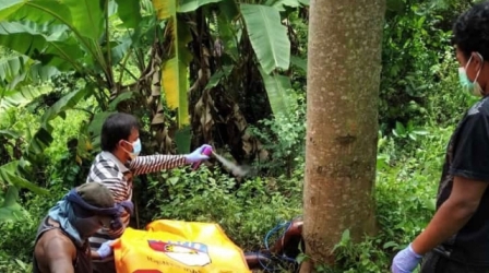 Aparat Kepolisian Polsek Wonosalam mengangkat  jenazah korban, diduga akibat pembenuhan. 