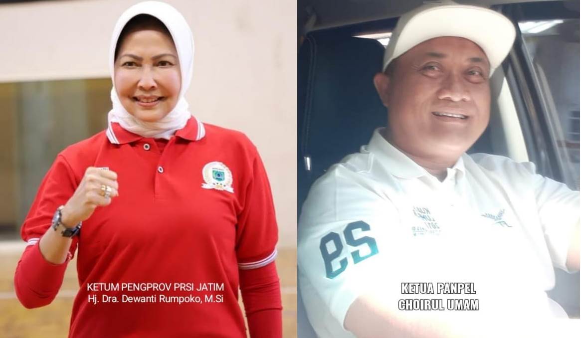 Ketua Umum Pengprov PRSI Jawa Timur Hj Dra Dewanti Rumpoko, M.Si (kiri) dan Choirul Umam, Panpel Kejurda Renang Tahun 2023.
