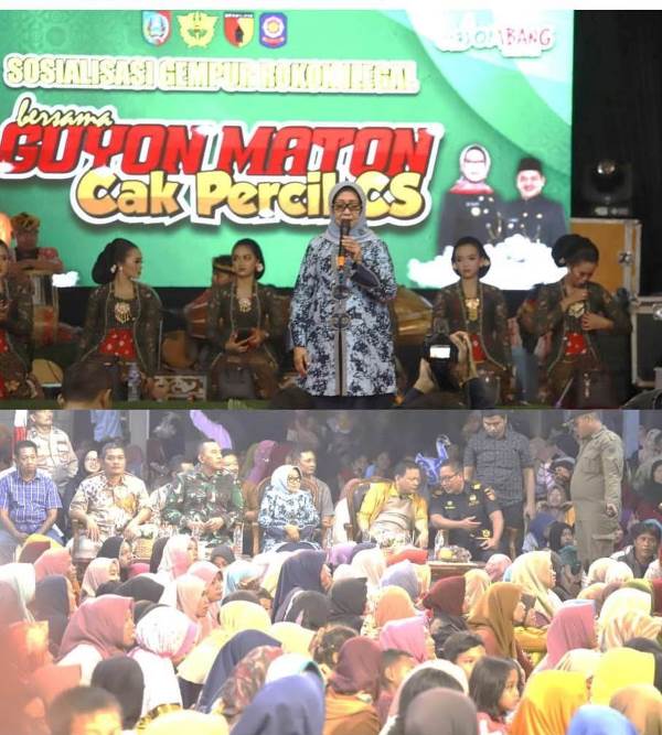 Bupati Jombang Hj Mundjidah Wahab menyampaikan sambutan dan pencerahan meliputi sosialisasi cukai, gempur rokok ilegal dan mengajak warga Plandaan untuk menjaga dan merwaat hasil TMMD ke-116 tahun 2023, kegiatan dirangkai dengan pergelaran seni  budaya, menghadirkan bintang tamu Percil CS di lapangan Bola Voli Desa Pojokklitih, Plandaan, kabupaten Jombang, Rabu (7/6/2023).