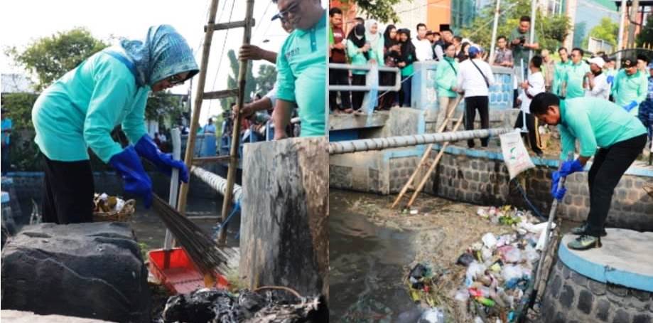 Photo kiri: Bupati Jombang Hj Mundjidah Wahab melakukan aksi resik-resik kali, bersama Wakil Bupati Jombang Sumrambah (photo kanan), lokasinya sungai berada disebelah MAN 3, Bahrul Ulum – Tambakberas, Jombang. 