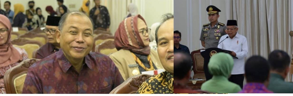 Pj Bupati Jombang Sukiat (kiri/coklat) mendengarkan pidatao Wapres RI dalam rangkaian penerimaan insentif atas kinerja percepatan penurunan stunting di Kabupaten Jombang, Jum’at (6/10/2023) di Jakarta. 