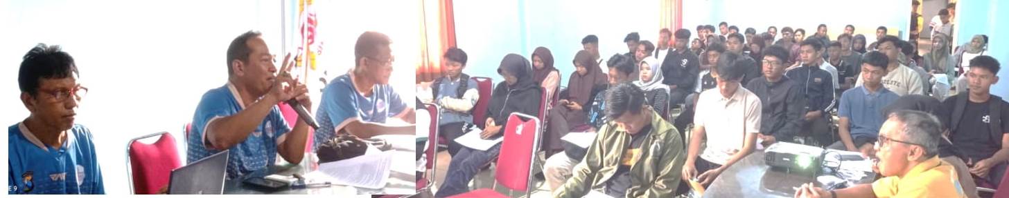 Ketua Pelaksana Agus Budi Hartono (tengah) didampingi Komisi Wasit PBVSI Nurul Huda (kanan) dan Istanto Komisi Binpres menyampaikan penjelasan kepada perwakilan peserta Kejuarkab BUPATI CUP 2024, Jum’at (20/12/2024) di GOR Merdeka.  