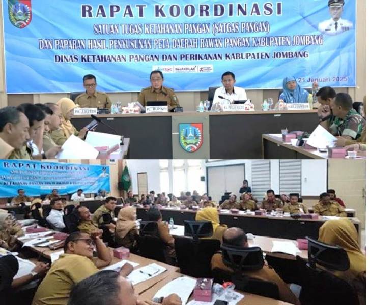Rakor dipimpin Pj Bupati Jombang Dr Drs Teguh Narutomo M.M dihadiri oleh Asisten, Staf Ahli, para Kepala OPD, Camat se-Kabupaten Jombang, Selasa (21/1/2025) di ruang Swagata, Pendopo Jombang.