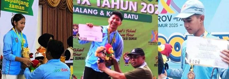 Keterangan photo: Atlet Tarung Derajat peraih medali emas Ermifta Atma Puspa Hafsari yang tanding di Kelas 50,1 – 54 Kg Putri (kiri), Atlet Atletik Ardhi Wirayuda penyumbang 2 medali emas maraton, 5.000 meter dan 10.000 meter putra, dan M Arfin Ardinata penyumbang medali perunggu balap sepeda Individu Time Trial 3.000 meter putra, Sabtu (5/7/2025).