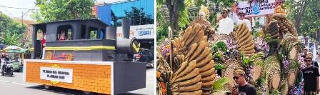 Photo kiri: PT SGN Pabrik Gula Djombang Baru menampilkan tema Lokomotif Uap. Lokomotif Uap merupakan ciri khas atau budaya dari Pabrik Gula. Photo kanan: PDAM Perumdam Tirta Kencana menampilkan Air Minum Dalam Kemasan (AMDK) merk Tiber, dalam mobil hias gabungan OPD lainnya, Sabtu (23/8/2025).