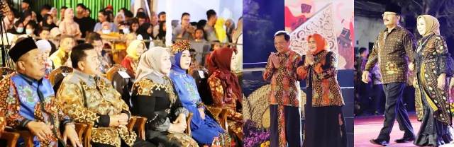 Bupati Jombang H Warsubi bersama istri dan Wabup Gus Salam bersama istri menyaksikan action para peserta termasuk pasanagan Sekdakab Agus Purnomo dan Asisten 1 Purwanto, pada moment Ringin Contong Carnival, Minggu (19/10/2025) malam. 