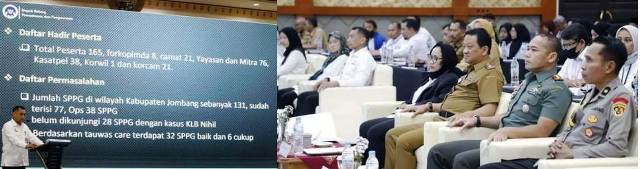 Acara evaluasi ini dihadiri oleh jajaran Forkopimda Jombang, termasuk Sekda Kabupaten Jombang Agus Purnomo, Dandim 0814/Jombang Letkol Kav Dicky Prasojo, Kabaglog Polres Jombang Kompol Darmaji, serta perwakilan BGN, Brigjend TNI Albertus Dony Dewantoro selaku Direktur Pemantauan dan Pengawasan Wilayah II BGN, dan Enny Indarti selaku Direktur Sistem Pemenuhan Gizi.