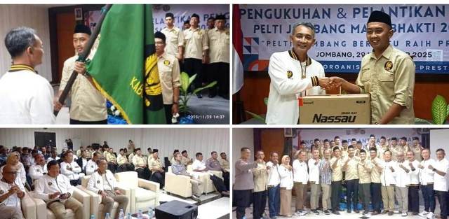 Searah jarum jam: Ketua Pelti Kabupaten Jombang Adi Artama Putra, SH, M.Kn menerima bendera pataka Tenis Lapangan dari Ketua Pelti Pengprov Jatim Ismed Jauhari, Ketua menerima cindera mata, undangan menyaksikan foto bersama Pengurus Pelti Kabupaten Jombang, Sabtu (29/11/2025).