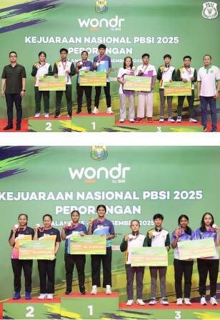Photo atas, pasangan Hamid/Asah Nailu Rahmaniyah, pelajar MAN 8 Jombang meraih medali emas. Photo bawah, pasangan Asah Nailu Rahmaniyah/Gadis (Gresik) juga meraih medali emas, pada Wondr by BNI Kejuaraan Nasional PBSI 2025 mendapat kesempatan magang di Pelatnas PBSI tahun 2026. 