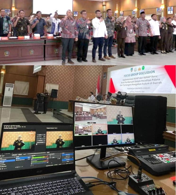 Kegiatan yang bertajuk “Implementasi KUHP dan KUHAP Baru: Arah Pembaruan Sistem Peradilan Pidana dan Tantangan Penegakan Hukum di Daerah” ini berlangsung di Ruang Bung Tomo, Kantor Pemkab Jombang, Kamis (18/12/2025).