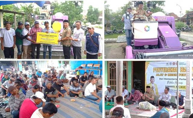 Photo kiri atas: Sumardi, SH. MH (batik coklat/berkopyah) didampingi Koordinator PPL (kedua dari kanan) dan PPL Desa (kanan) menyerahkan alisintan kepada Poktan Dusun Kandangsapi, Desa Kedungbetik, Kecamatan Kesamben, Jombang terima oleh Kepala Desa (bajuk kotak-kotak) Kepala Dusun (kaos putih) dan perwakilan petani . Photo kanan, Sumardi bersama Ketua Poktan di atas Kombi, Photo kiri bawah: petani Dusun Kandangsapi, photo kanan: Sumardi menyampaikan sambutan. Photo by: edy danu puspito/https://layang.co., Sabtu (6/12/2025).