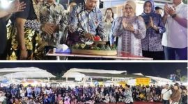 Photo atas: Bupati Warsubi bersama Sekdakab Jombang didampingi pejabat OPD terkait dan Ketua Serikat Pedagang Kaki Lima (Spekal) Kabupaten Jombang, Joko Fattah Rochim, menyalkan lilin sebagai tanda usia SWK satu tahun. Photo bawah: Bupati dihadapan masyarakat pengunjung dan pelaku makan dan minuman di SWK menyampaikan sambutan apreasi atas berlangsungnya satu tahun SWK, Sabtu (24/1/2026).