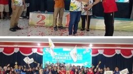 Photo atas: Ketua Asosiasi Institut Perguruan Tinggi Tenaga Kesehatan (AIPTINAKES) Provinsi Jawa Timur, Aries Wahyuningsih bersama Dra. Hj. Soelijah Hadi, M.Kes., MM, Ketua STIKes Husada Jombang (Yayasan Prima Wiyata Husada), Ketua PORNIKES Jatim, Ketut menyerahkan bendera Pataka PORNIKES kepada Pimpinan Universitas Noor Huda Mustofa,  Bangkalan, Madura. Photo bawah, semangat kontingen calon tuan rumah tahun 2027, Minggu (8/2/2026). 