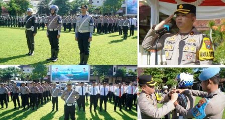 Kegiatan tersebut dipimpin oleh Kapolres Jombang AKBP Ardi Kurniawan, S.H., S.I.K., CPHR yang diwakili Wakapolres Kompol Syarlis, S.I.K., M.I.K. (photo kanan atas/hormat), searah jam, Wakapolres menyematkan atribut pasukan apel, photo kiri bawah dan kiri atas pasukan apel di Mapolres Jombang, Senin (2/2/2026).  