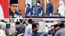 Photo searah jarum jam: Photo kiri atas: Bupati Jombang H Warsubi menyampaikan jawaban atas pertanyaan fraksi. Photo kanan atas: Pimpinan DPRD bersama Bupati – Wakil Bupati. Photo kanan-kiri bawah: Penuh kehangatan Bupati menyampaikan salam kepada anggota DPRD Jombang, Kamis (12/2/2026)..