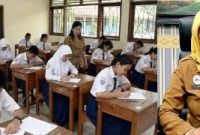 Photo kiri: Siswa-Siswi SMP sedang mengikuti Tes Kemampuan Akademik (TKA) dengan pengawasan guru sekolah, photo kanan: Dra Wor Windari, M.Si Kepala Dinas Pendidikan dan Kebudayaan (Dikbud) Kabupaten Jombang. Photo: istimewa/edit