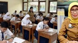 Photo kiri: Siswa-Siswi SMP sedang mengikuti Tes Kemampuan Akademik (TKA) dengan pengawasan guru sekolah, photo kanan: Dra Wor Windari, M.Si Kepala Dinas Pendidikan dan Kebudayaan (Dikbud) Kabupaten Jombang. Photo: istimewa/edit