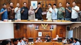 Photo atas: Komisi A DPRD Jombang ketika berkunjung ke DPRD Kabupaten Sleman. Photo bawah: Komisi B DPRD Jombang saat berdialog tentang pengendalian inflasi pasca lebaran 1447 H dengan DPRD Kabupaten Sleman, Jum’at (27/3/2026). 