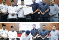 Usai dilakukan penandatangan berita acara oleh Bupati Jombang, H Warsubi didampingi Wakil Bupati Gus Salaman dan Sekdakab Agus Purnomo bersama Ketua DPRD Hadi Atmaji didampingi Wakil Ketua Dony Anggun dan Syarif Hidayatullah menunjukkan dan menyerahkan berita acara LKPj tahun 2025 di gedung DPRD Jombang, Kamis (26/3/2026)