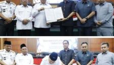 Usai dilakukan penandatangan berita acara oleh Bupati Jombang, H Warsubi didampingi Wakil Bupati Gus Salaman dan Sekdakab Agus Purnomo bersama Ketua DPRD Hadi Atmaji didampingi Wakil Ketua Dony Anggun dan Syarif Hidayatullah menunjukkan dan menyerahkan berita acara LKPj tahun 2025 di gedung DPRD Jombang, Kamis (26/3/2026)