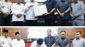 Usai dilakukan penandatangan berita acara oleh Bupati Jombang, H Warsubi didampingi Wakil Bupati Gus Salaman dan Sekdakab Agus Purnomo bersama Ketua DPRD Hadi Atmaji didampingi Wakil Ketua Dony Anggun dan Syarif Hidayatullah menunjukkan dan menyerahkan berita acara LKPj tahun 2025 di gedung DPRD Jombang, Kamis (26/3/2026)