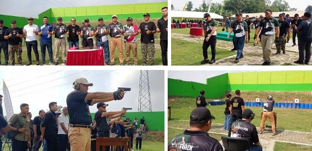 Rangkaian kegiatan peresmian lapangan tembak Korem 082/CPYJ dan Perbakin Jombang, photo kiri atas, pose gaya menembak usai penandatangan pasasti, photo kanan atas: menuju arena tembak uji coba menembak dengan sasaran plat, photo kiri bawah: para pimpinan membidik target plat baja, photo kanan bawah: Dan Dim 0814, Bupati Abah Warsubi dan Kapoles mengikuti lomba menembak estafet. Photo: https://layang.co. 