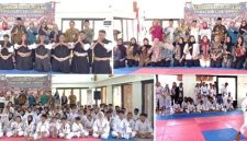 Photo bersama: dari kiri, Asisten I (berkopyah hitam) bersama Kadis Dikbud (biru), Kadis Porapar (putih), Ketum KONI, Kasek Perwakilan, Wasit Juri, kanan atas, photo bersama, Panitia tim administrasi, kiri bawah, bersama atlet peserta, kanan bawah, seorang atlet memperagakan kelas embo perorangan putri. Photo: https://layang.co.