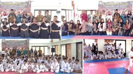 Photo bersama: dari kiri, Asisten I (berkopyah hitam) bersama Kadis Dikbud (biru), Kadis Porapar (putih), Ketum KONI, Kasek Perwakilan, Wasit Juri, kanan atas, photo bersama, Panitia tim administrasi, kiri bawah, bersama atlet peserta, kanan bawah, seorang atlet memperagakan kelas embo perorangan putri. Photo: https://layang.co. 