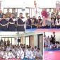 Photo bersama: dari kiri, Asisten I (berkopyah hitam) bersama Kadis Dikbud (biru), Kadis Porapar (putih), Ketum KONI, Kasek Perwakilan, Wasit Juri, kanan atas, photo bersama, Panitia tim administrasi, kiri bawah, bersama atlet peserta, kanan bawah, seorang atlet memperagakan kelas embo perorangan putri. Photo: https://layang.co. 