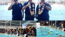 Tampak dari kiri: Drs Anang Masruchin, M.Si (Ketua Cabor Akuatik Kabupaten Jombang), Sekdakab Agus Purnomo, SH., M.Si., Wakil Ketua II KONI Jombang Drs H M Setyo Wahyu, MM, photo kiri bawah, atlet renang sedangan mengambil start, photo kanan bawah, anak-anak/atlet kelahiran 2020 melakukan renang. 