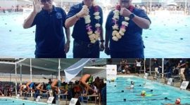 Tampak dari kiri: Drs Anang Masruchin, M.Si (Ketua Cabor Akuatik Kabupaten Jombang), Sekdakab Agus Purnomo, SH., M.Si., Wakil Ketua II KONI Jombang Drs H M Setyo Wahyu, MM, photo kiri bawah, atlet renang sedangan mengambil start, photo kanan bawah, anak-anak/atlet kelahiran 2020 melakukan renang. 