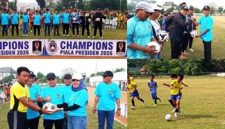 Photo: Rangkaian photo upacara pembukaan Piala Presiden I tahun 2026 diikuti 10 Tim KU-10 tahun, 14 KU-12 tahun. Tampak Kepala Dsiporapar menyerahkan bola sepak kepada wasita dan Ketua KONI menyerahkan bola sepak kepada pelatih peserta kejuaraan, Sabtu (20/06/2026).